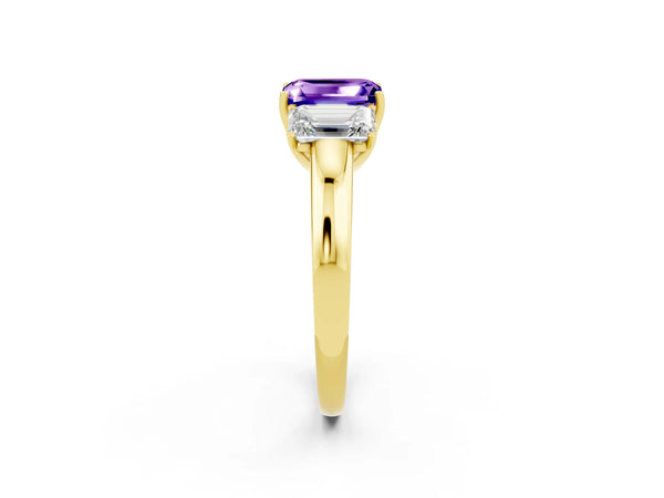 Yellow gold Emerald Cut Tanzanite Three-Stone Ring with Four-Prong Setting and Classic Band