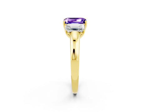 Yellow gold Emerald Cut Tanzanite Three-Stone Ring with Four-Prong Setting and Classic Band_2