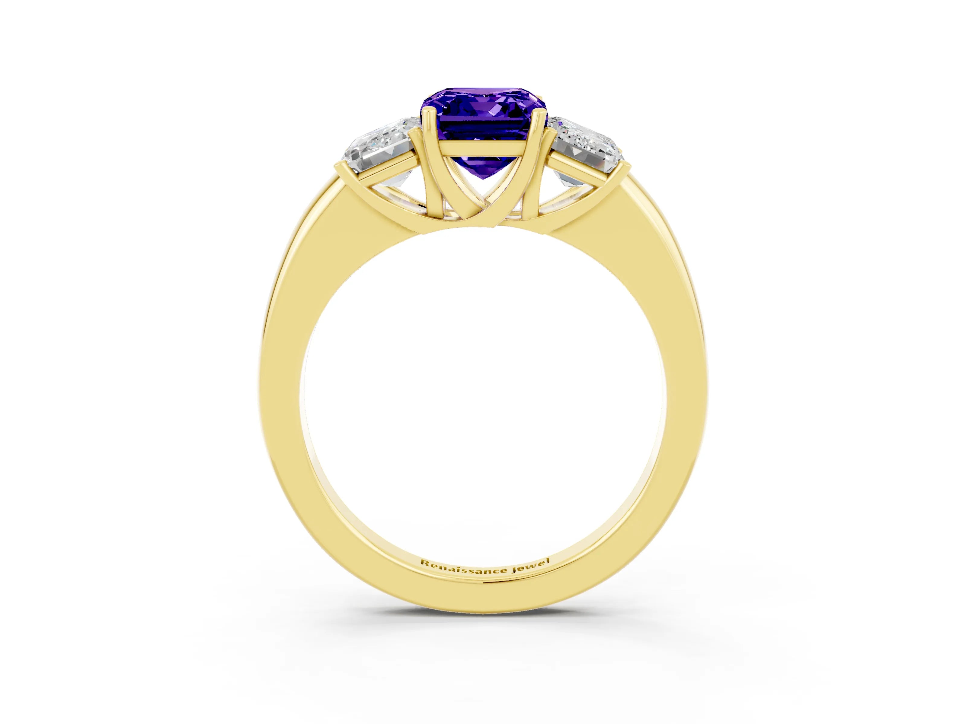 Yellow gold Emerald Cut Tanzanite Three-Stone Ring with Four-Prong Setting and Classic Band_3