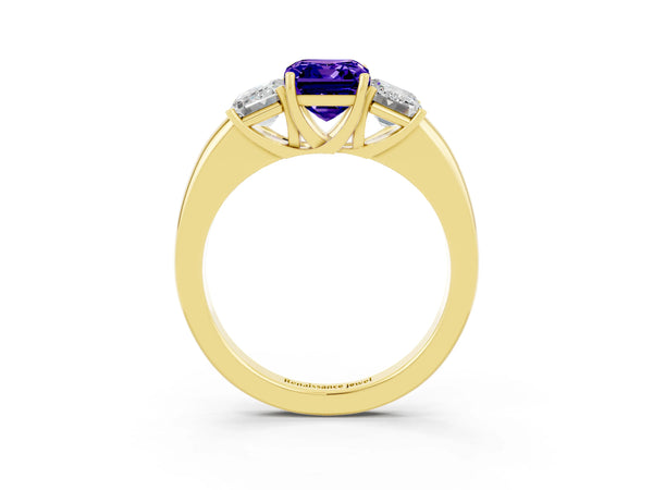 Yellow gold Emerald Cut Tanzanite Three-Stone Ring with Four-Prong Setting and Classic Band
