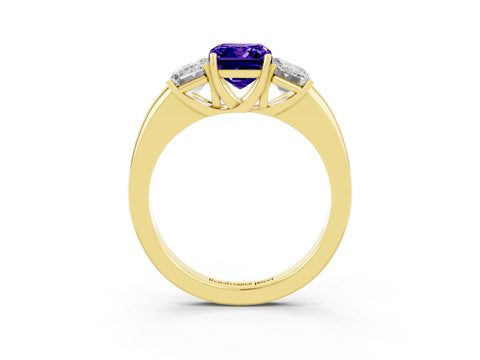 Yellow gold Emerald Cut Tanzanite Three-Stone Ring with Four-Prong Setting and Classic Band_3