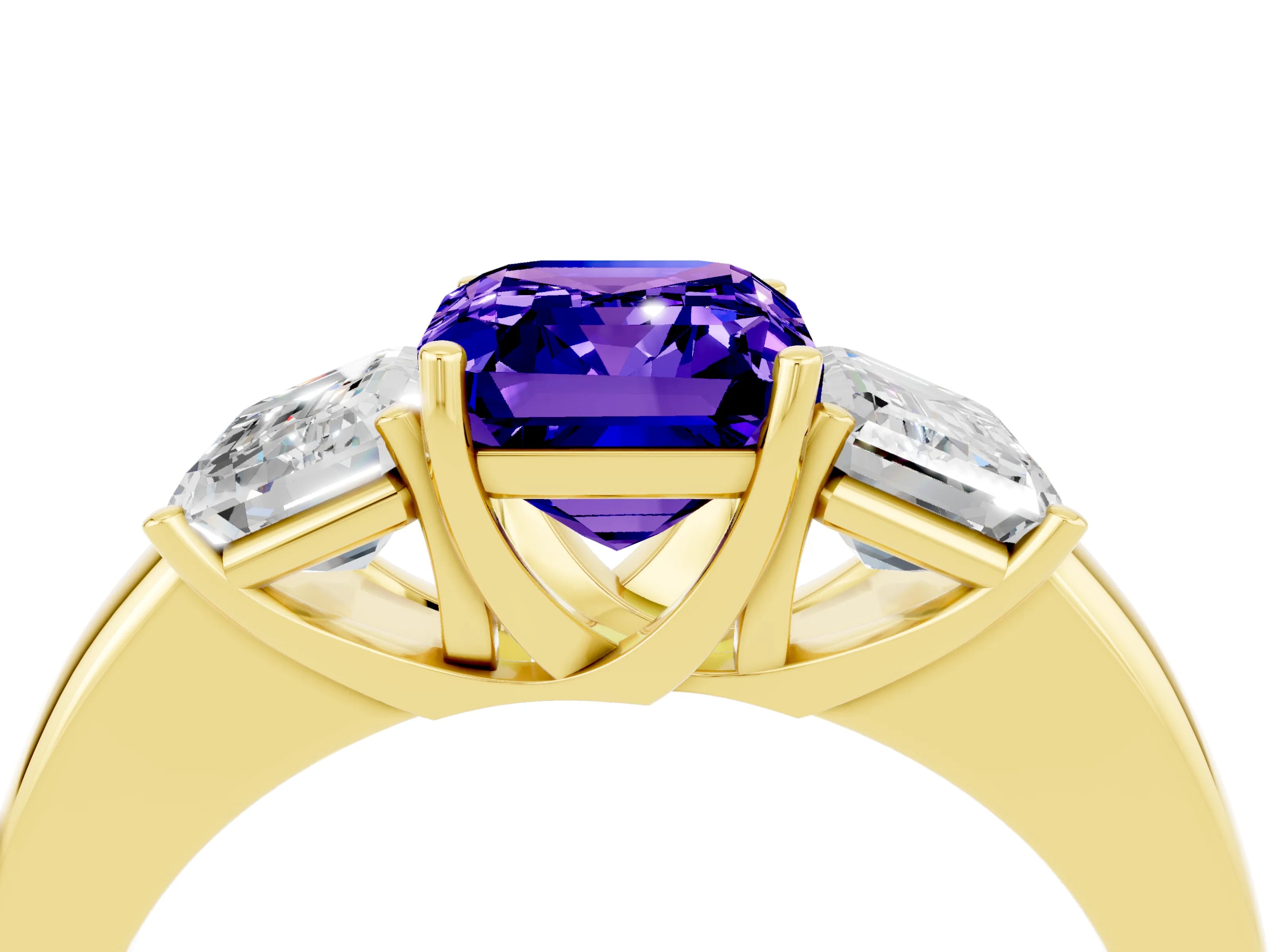 Yellow gold Emerald Cut Tanzanite Three-Stone Ring with Four-Prong Setting and Classic Band_4