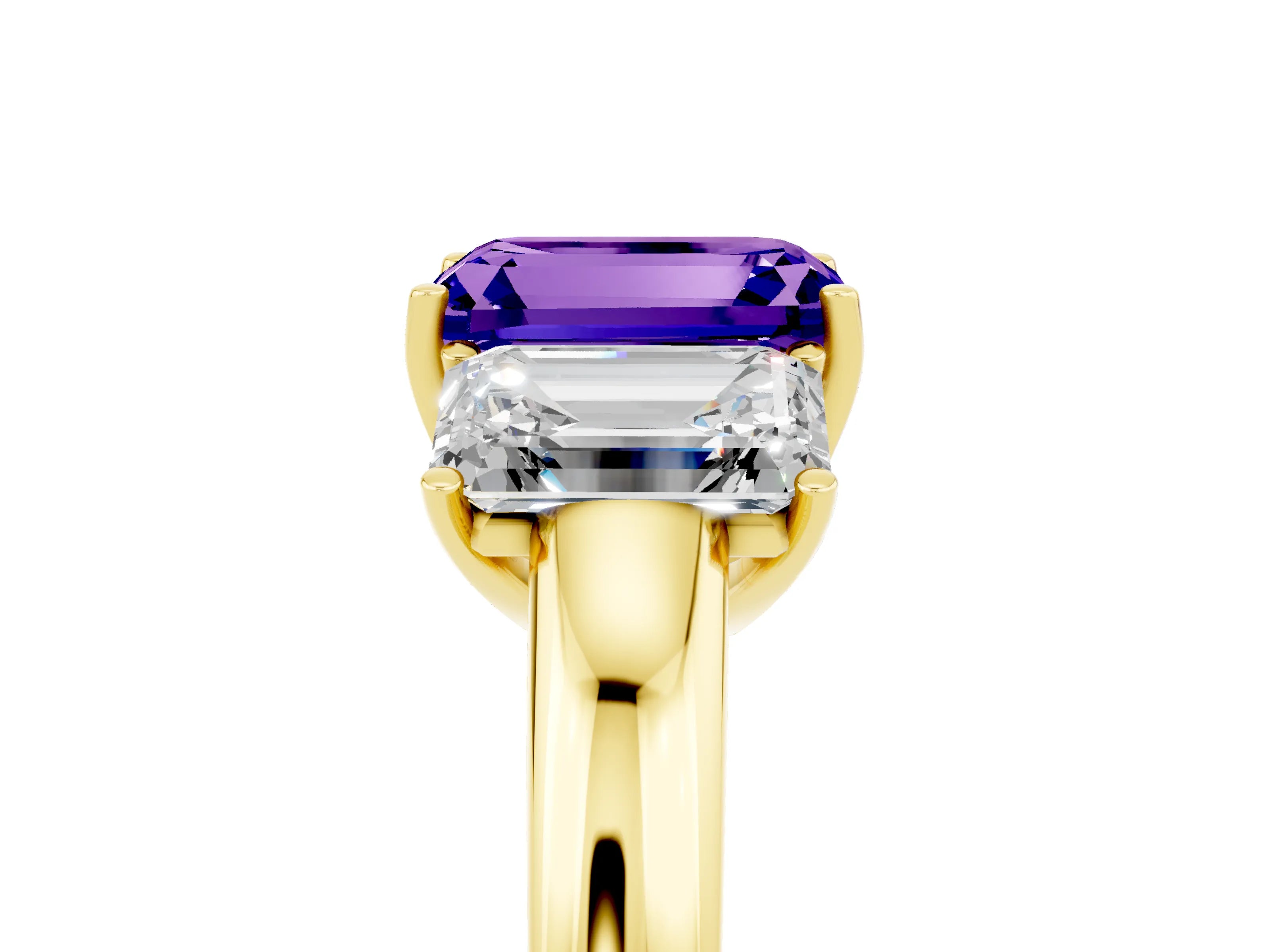 Yellow gold Emerald Cut Tanzanite Three-Stone Ring with Four-Prong Setting and Classic Band_5