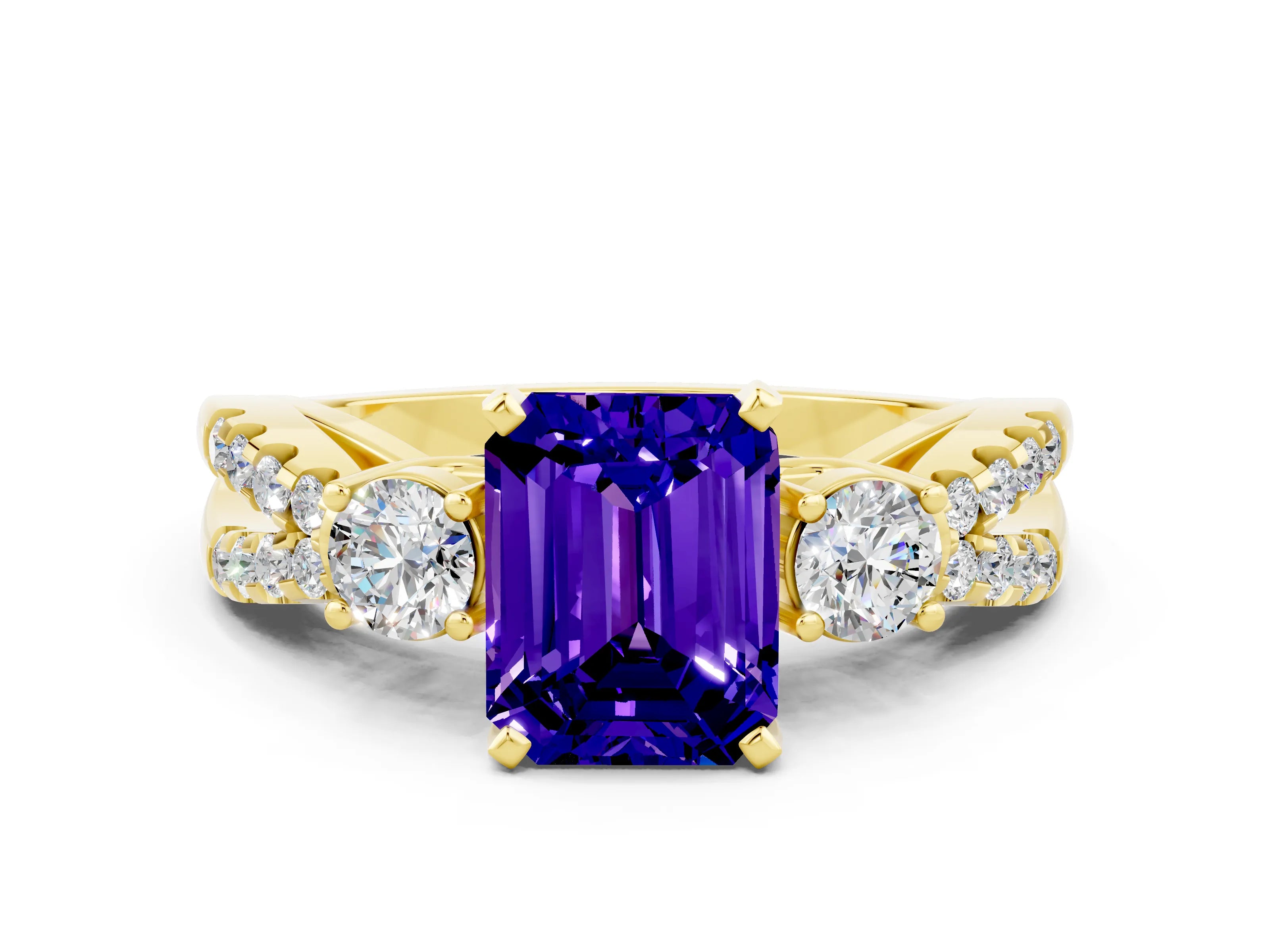 Yellow gold Emerald Cut Tanzanite Three-Stone Ring with Pavé Split Shank and Four-Prong Setting