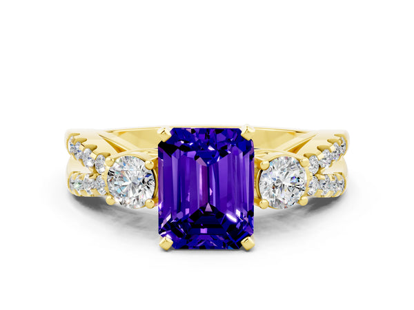 Yellow gold Emerald Cut Tanzanite Three-Stone Ring with Pavé Split Shank and Four-Prong Setting