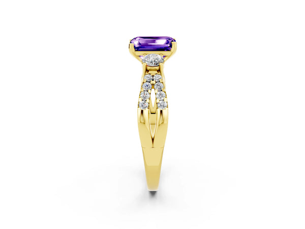 Yellow gold Emerald Cut Tanzanite Three-Stone Ring with Pavé Split Shank and Four-Prong Setting