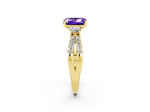 Yellow gold Emerald Cut Tanzanite Three-Stone Ring with Pavé Split Shank and Four-Prong Setting_2