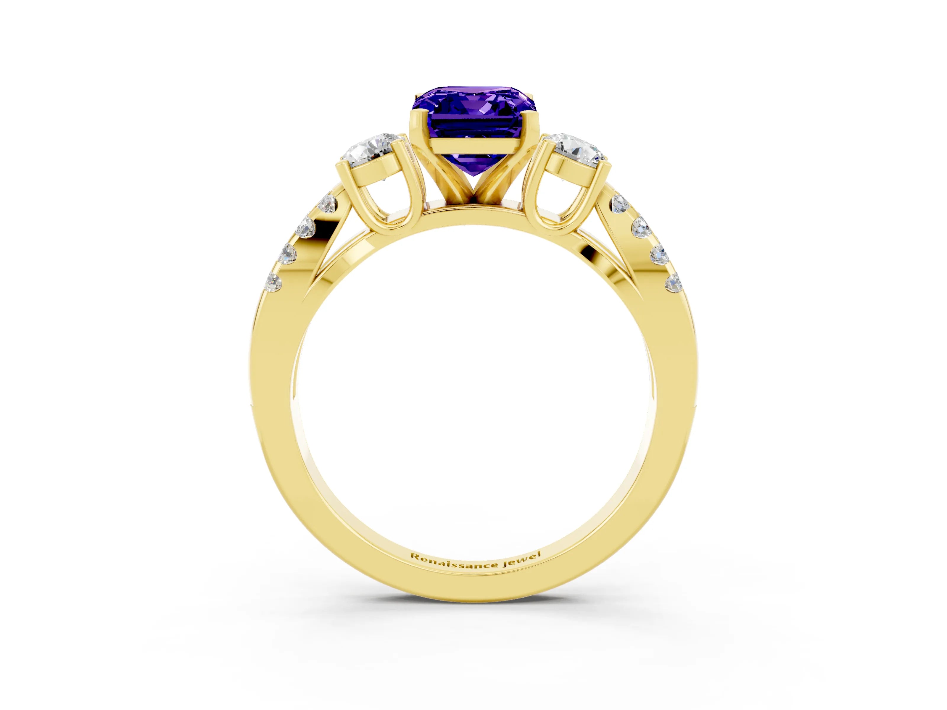 Yellow gold Emerald Cut Tanzanite Three-Stone Ring with Pavé Split Shank and Four-Prong Setting_3