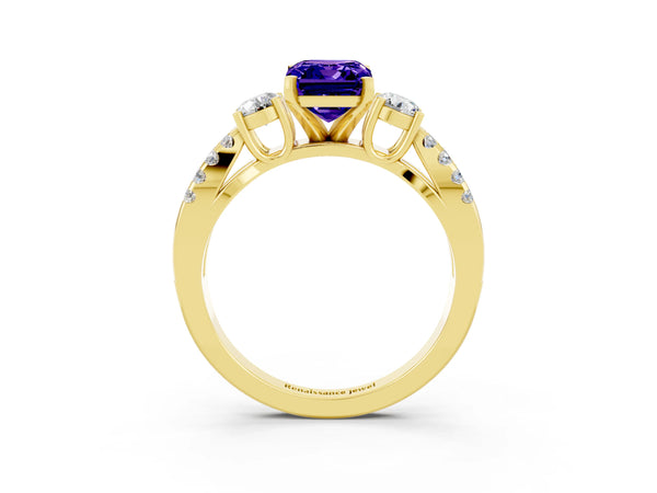 Yellow gold Emerald Cut Tanzanite Three-Stone Ring with Pavé Split Shank and Four-Prong Setting
