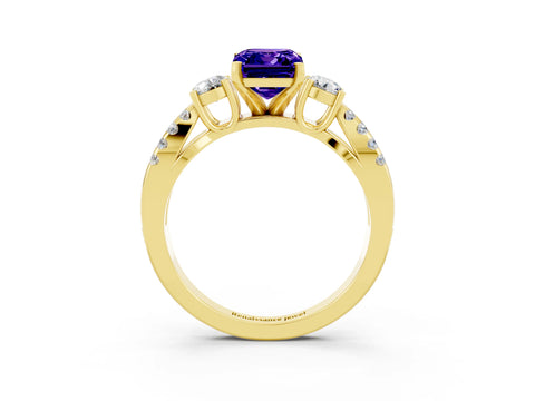 Yellow gold Emerald Cut Tanzanite Three-Stone Ring with Pavé Split Shank and Four-Prong Setting_3