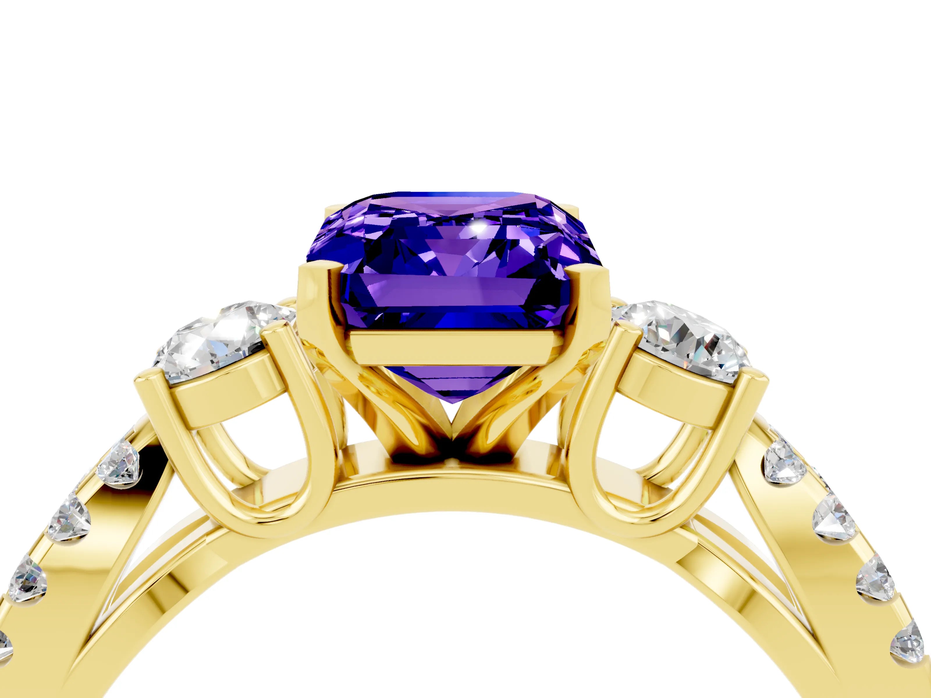 Yellow gold Emerald Cut Tanzanite Three-Stone Ring with Pavé Split Shank and Four-Prong Setting_4