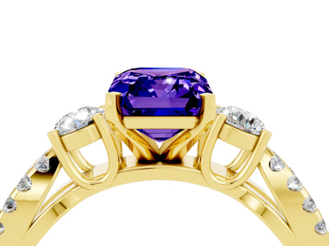 Yellow gold Emerald Cut Tanzanite Three-Stone Ring with Pavé Split Shank and Four-Prong Setting_4