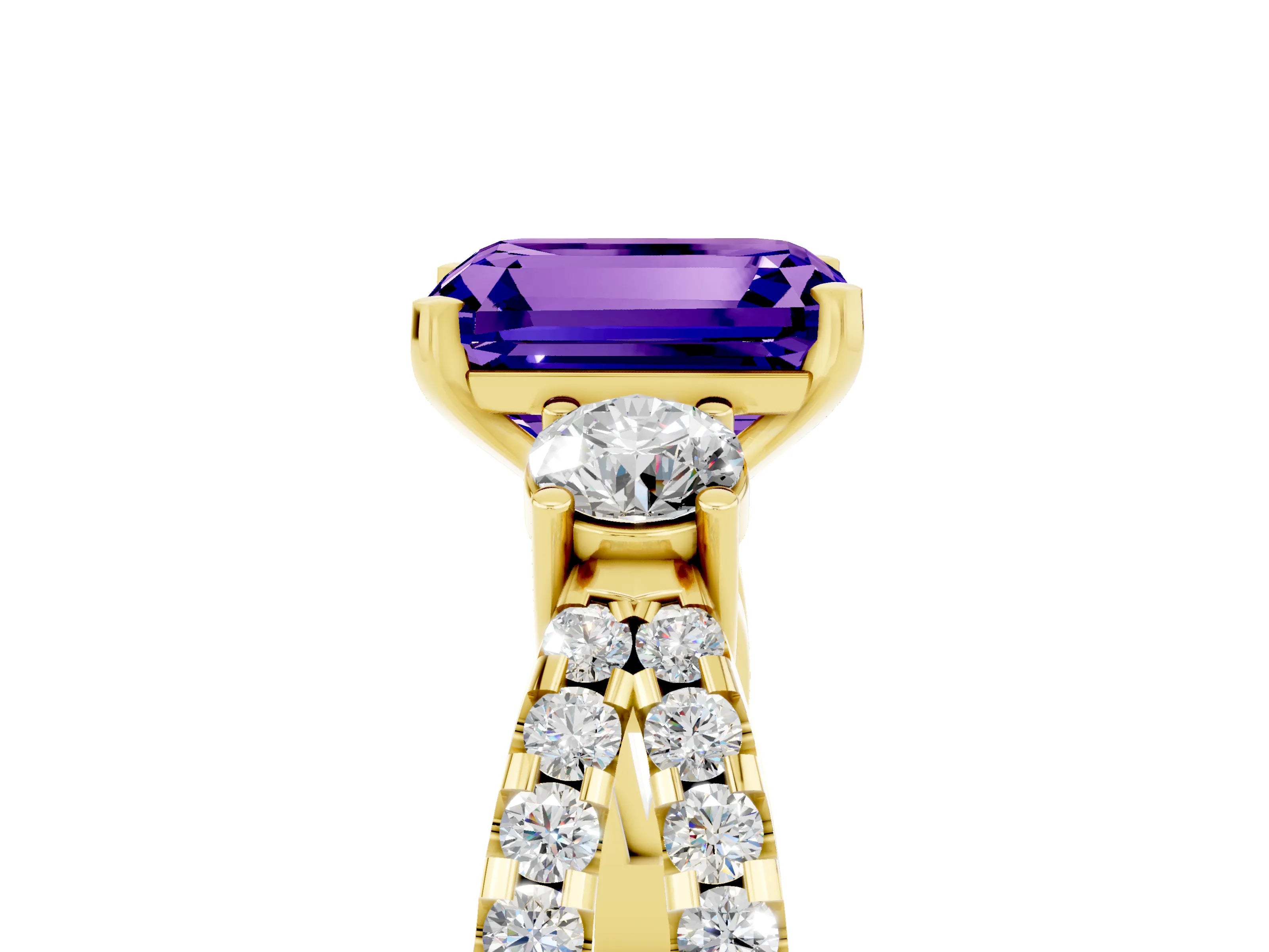 Yellow gold Emerald Cut Tanzanite Three-Stone Ring with Pavé Split Shank and Four-Prong Setting_5