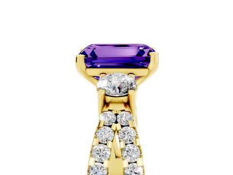Yellow gold Emerald Cut Tanzanite Three-Stone Ring with Pavé Split Shank and Four-Prong Setting_5