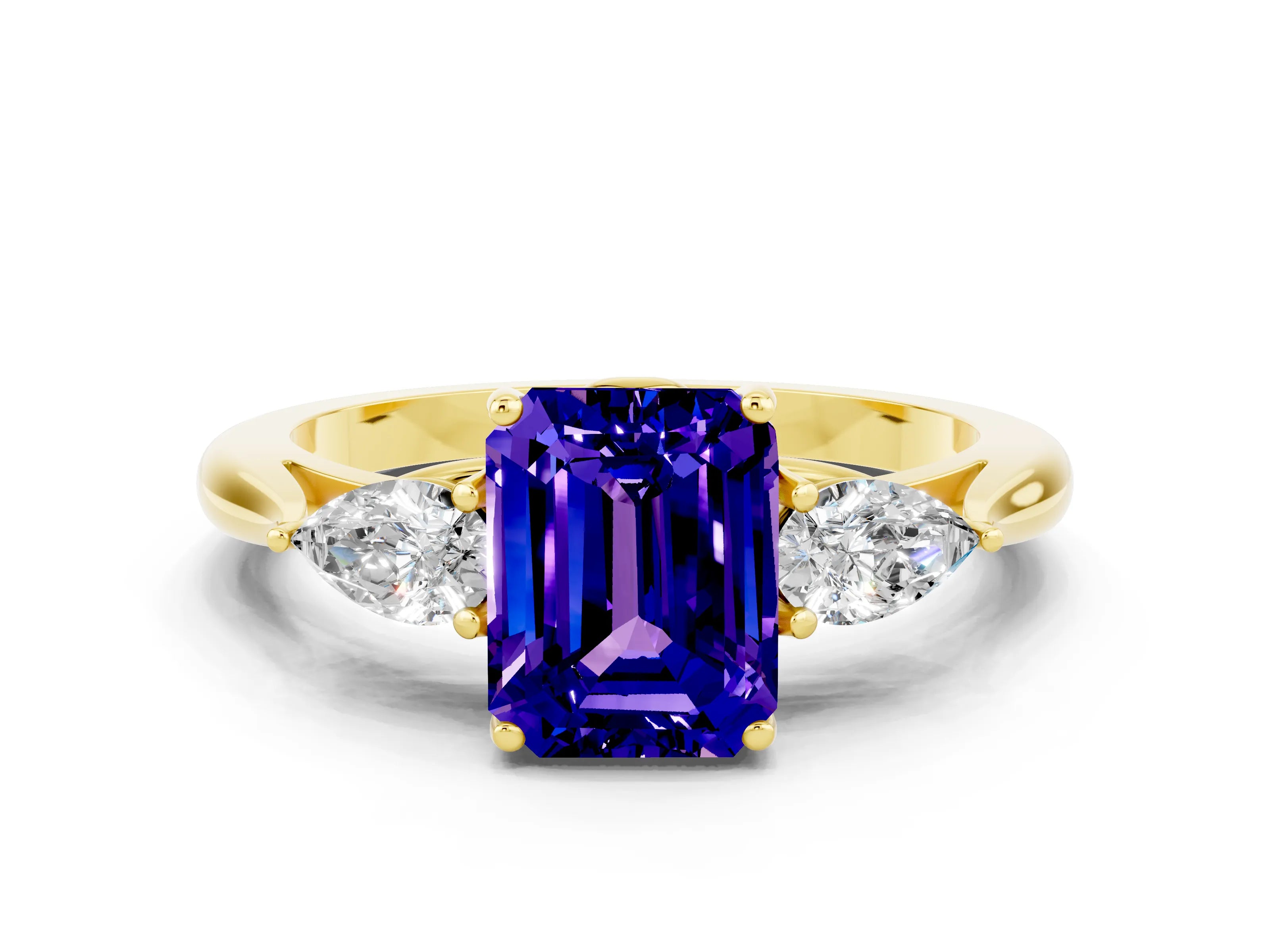 Yellow gold Emerald Cut Tanzanite Three-Stone Ring with Pear Side Stones and Four-Prong Setting_12