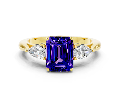 Yellow gold Emerald Cut Tanzanite Three-Stone Ring with Pear Side Stones and Four-Prong Setting_12