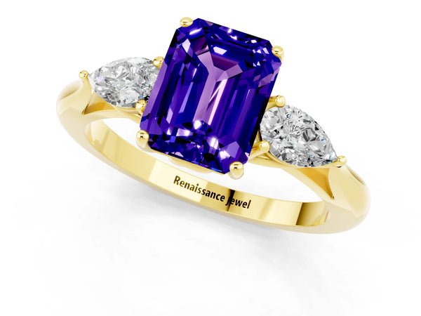 Yellow gold Emerald Cut Tanzanite Three-Stone Ring with Pear  Side Stones and Prong Setting