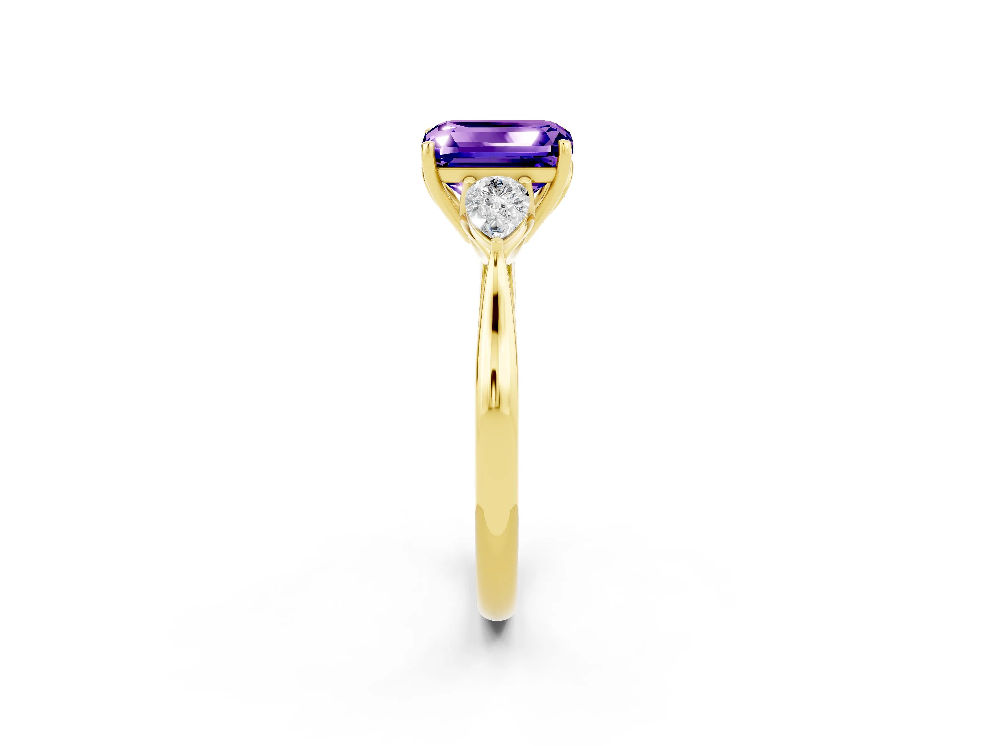 Yellow gold Emerald Cut Tanzanite Three-Stone Ring with Pear Side Stones and Four-Prong Setting_14