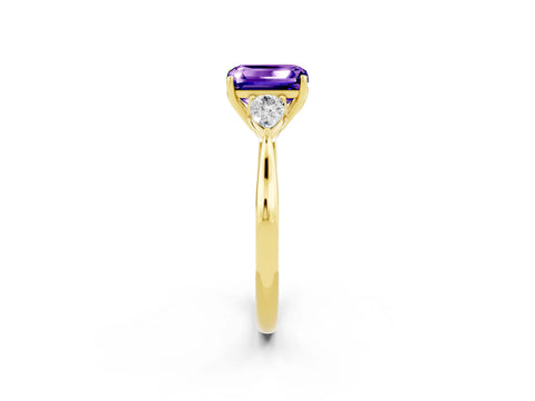 Yellow gold Emerald Cut Tanzanite Three-Stone Ring with Pear Side Stones and Four-Prong Setting_14