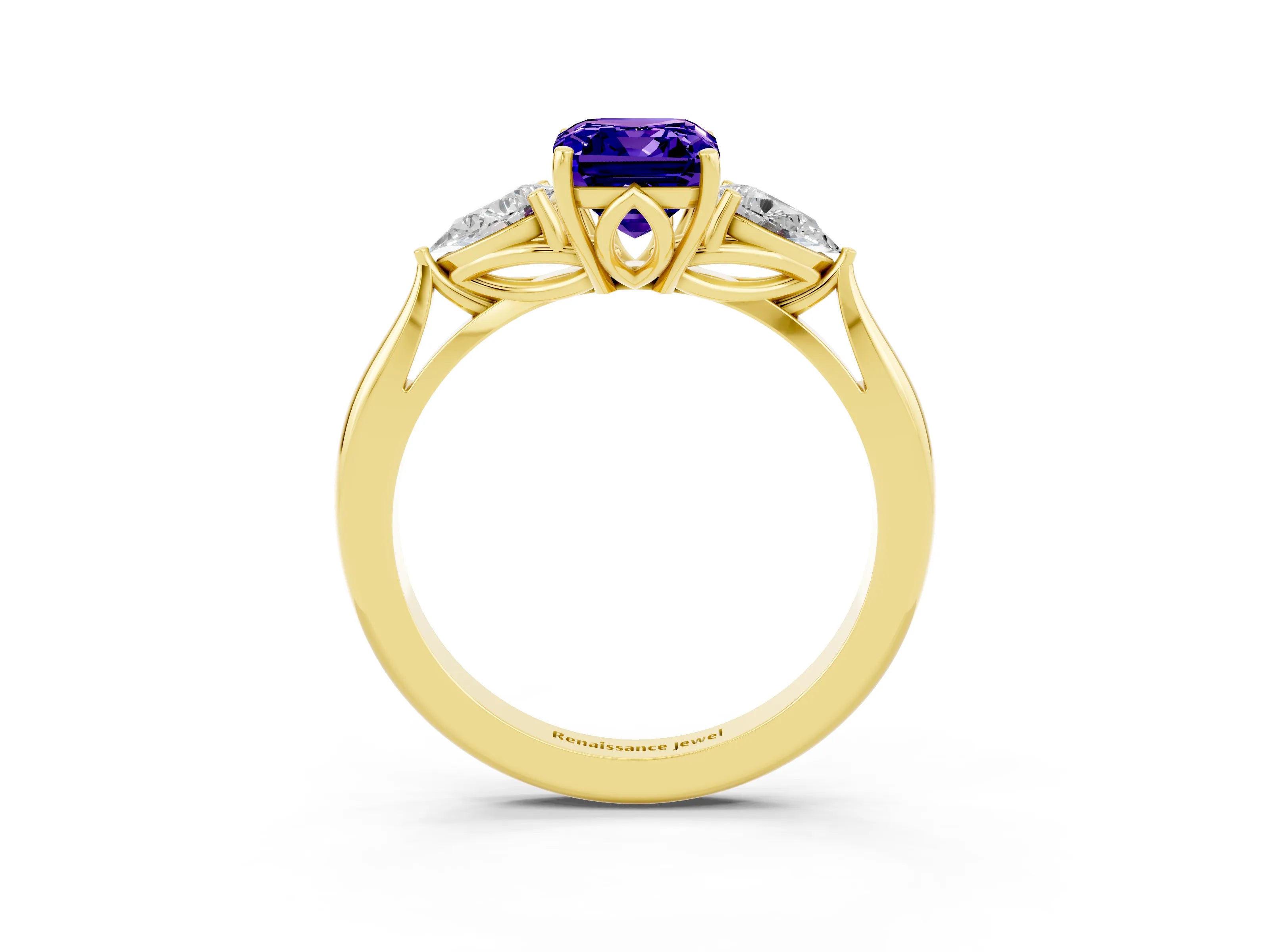 Yellow gold Emerald Cut Tanzanite Three-Stone Ring with Pear Side Stones and Four-Prong Setting_15