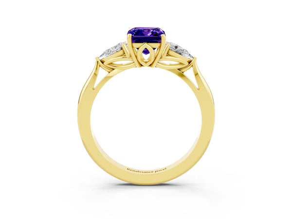 Yellow gold Emerald Cut Tanzanite Three-Stone Ring with Pear  Side Stones and Prong Setting