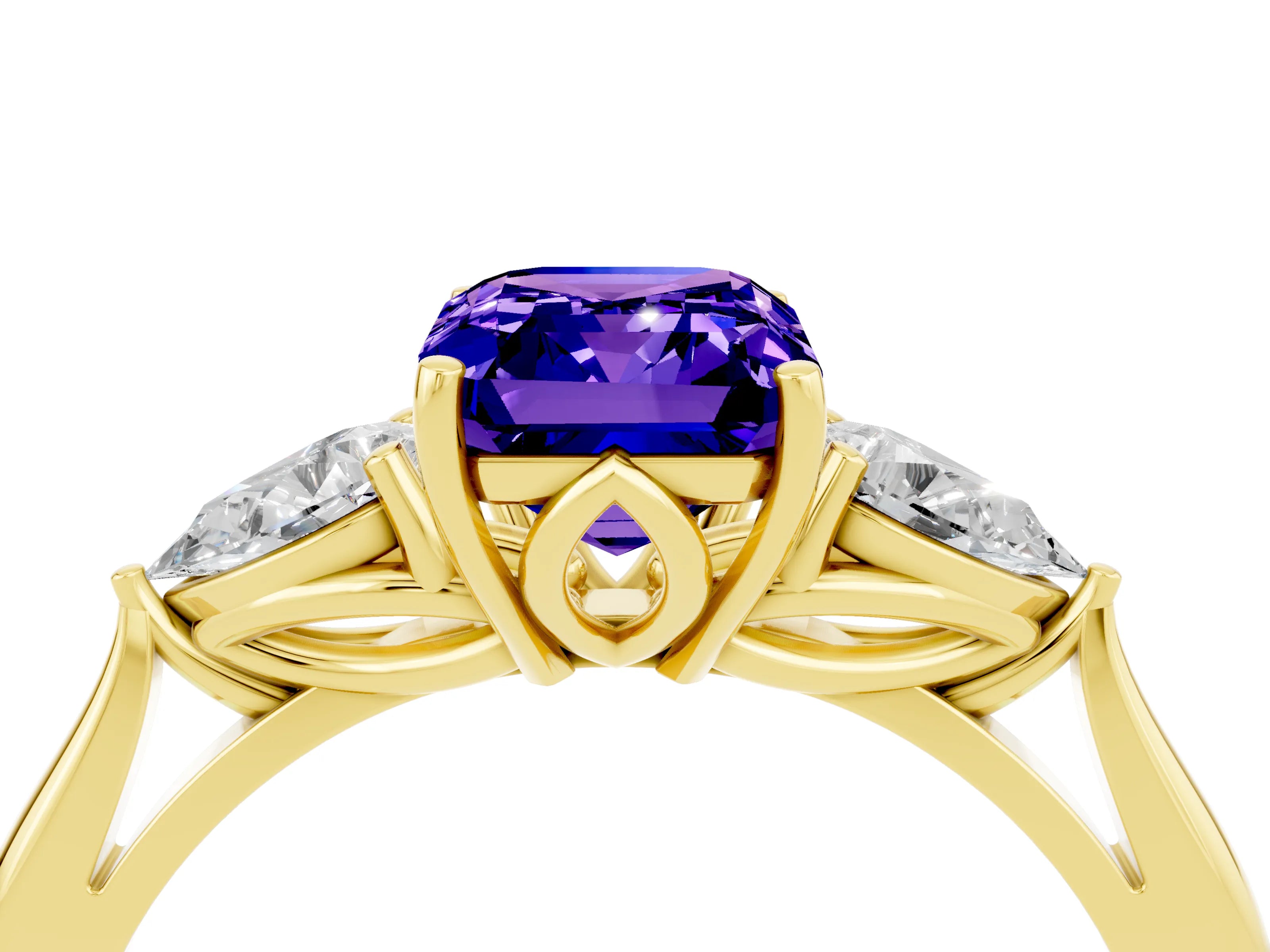 Yellow gold Emerald Cut Tanzanite Three-Stone Ring with Pear Side Stones and Four-Prong Setting_16