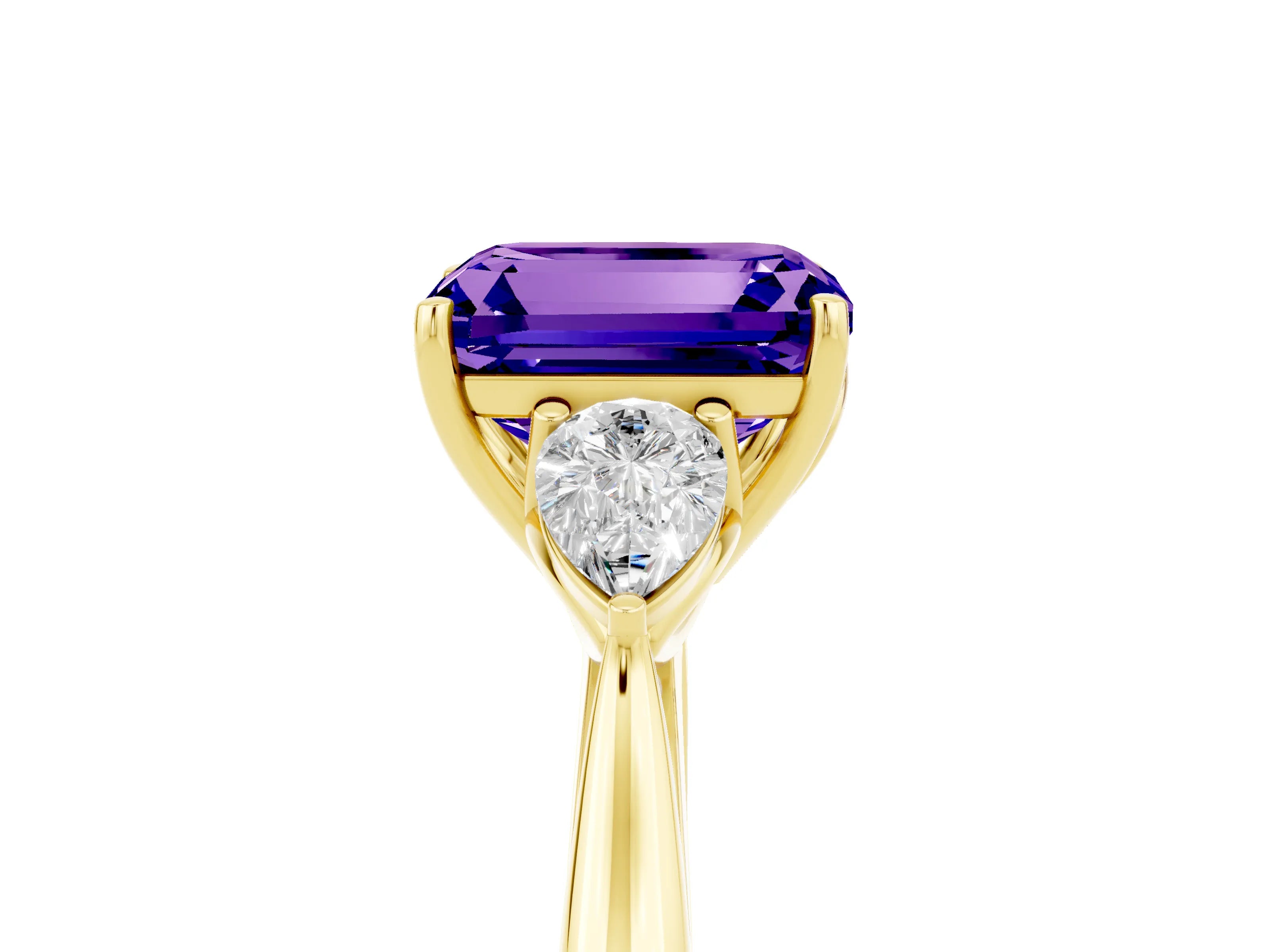 Yellow gold Emerald Cut Tanzanite Three-Stone Ring with Pear Side Stones and Four-Prong Setting_17