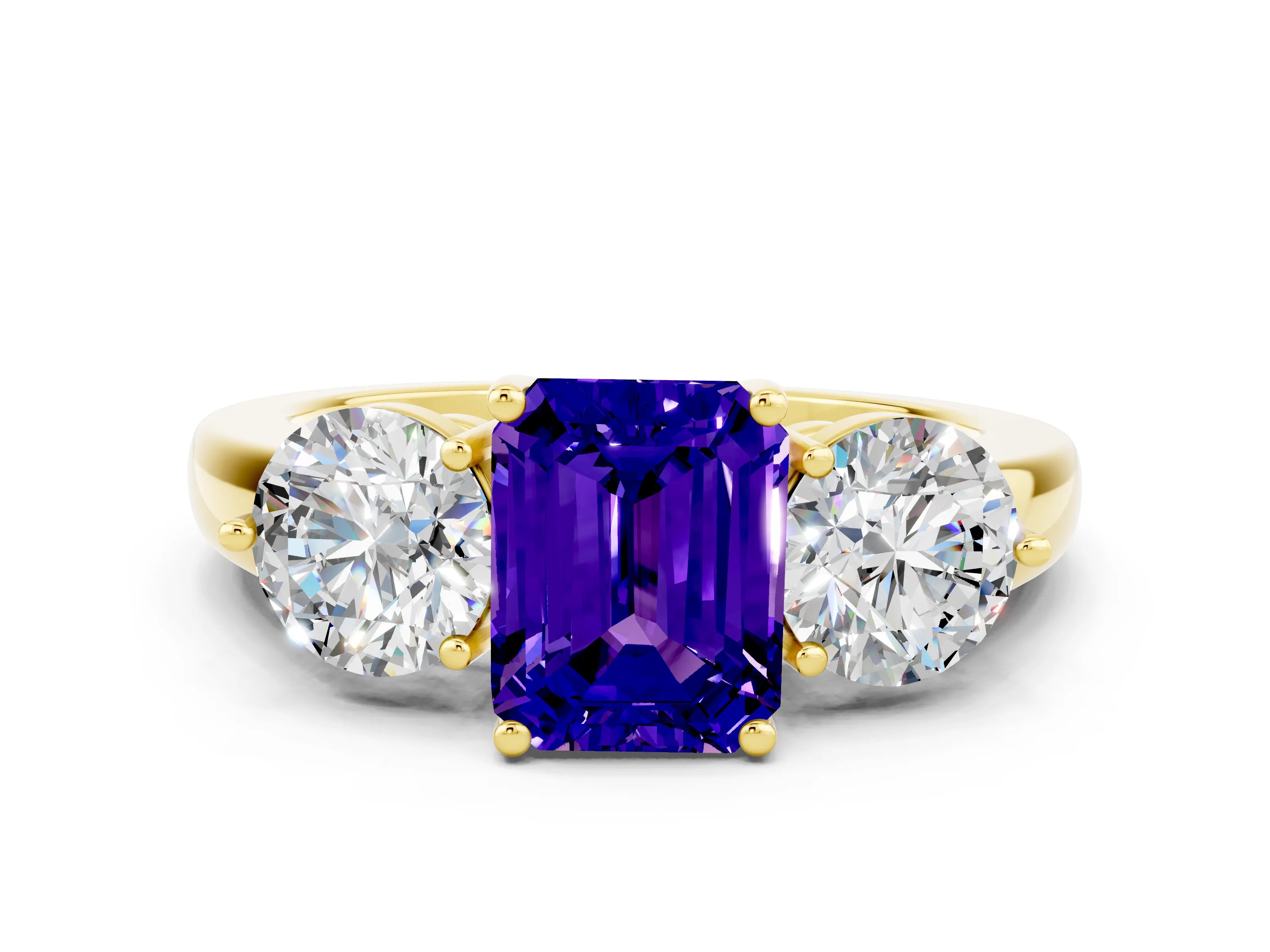 Yellow gold Emerald Cut Tanzanite Three-Stone Ring with Prong Setting and Classic Band
