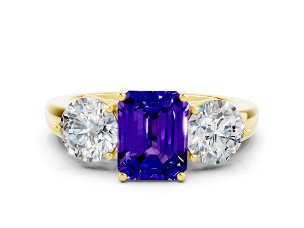 Yellow gold Emerald Cut Tanzanite Three-Stone Ring with Prong Setting and Classic Band