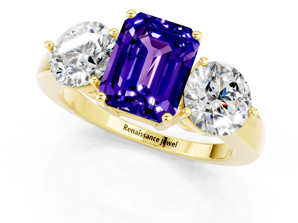 Yellow gold Emerald Cut Tanzanite Three-Stone Ring with Prong Setting and Classic Band