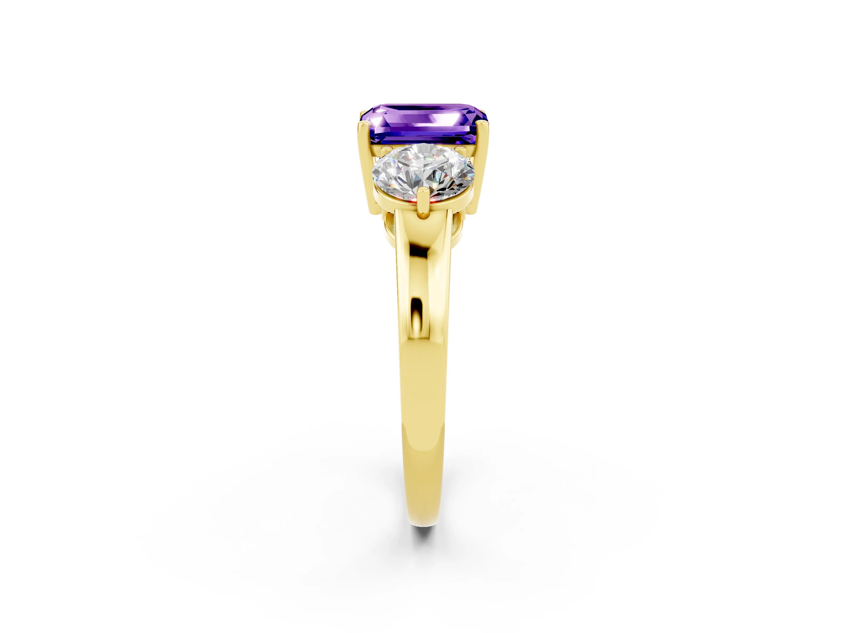 Yellow gold Emerald Cut Tanzanite Three-Stone Ring with Prong Setting and Classic Band_2
