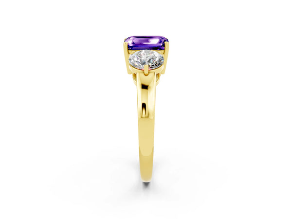 Yellow gold Emerald Cut Tanzanite Three-Stone Ring with Prong Setting and Classic Band