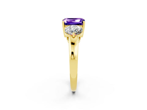 Yellow gold Emerald Cut Tanzanite Three-Stone Ring with Prong Setting and Classic Band_2