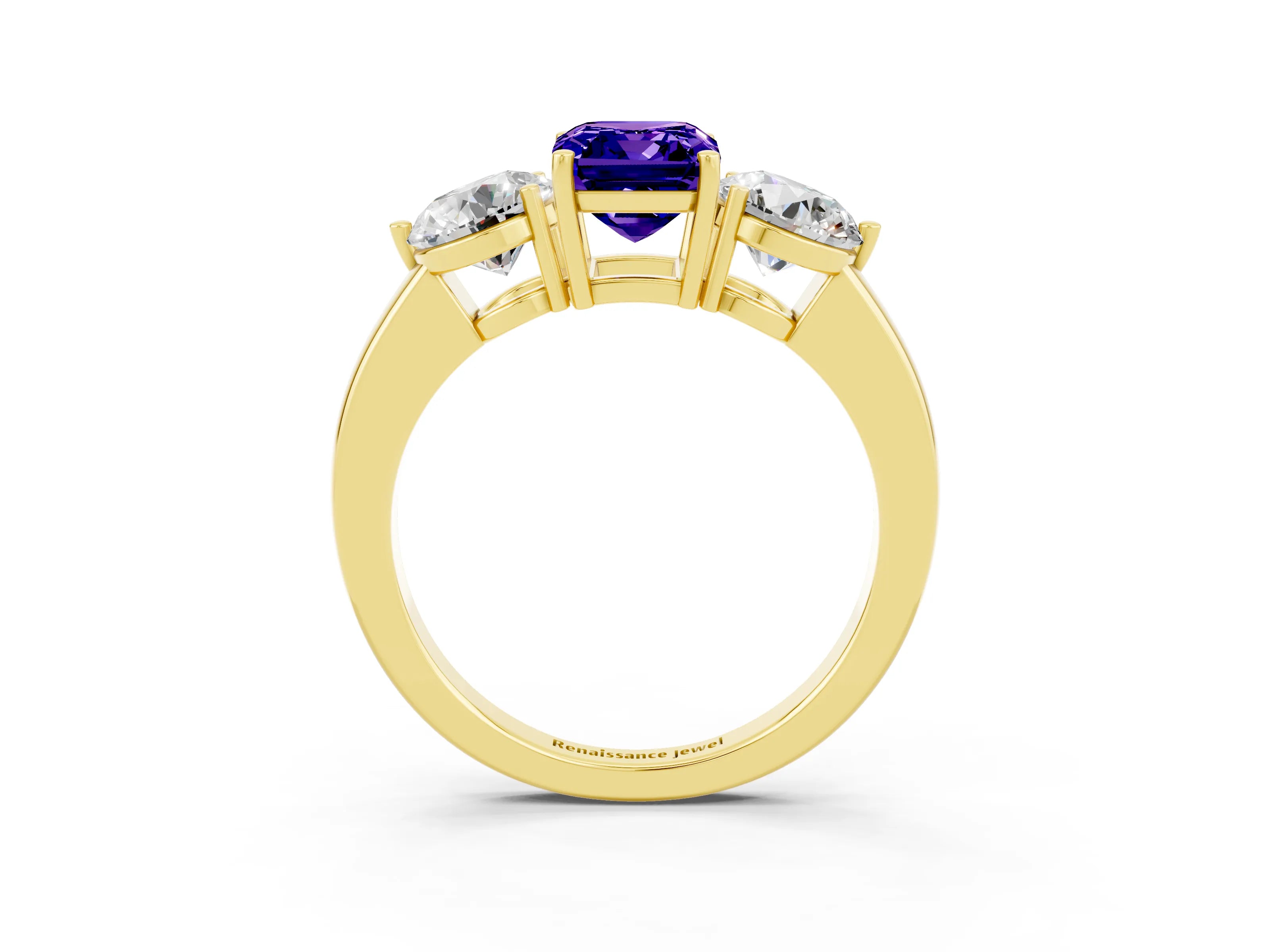 Yellow gold Emerald Cut Tanzanite Three-Stone Ring with Prong Setting and Classic Band_3