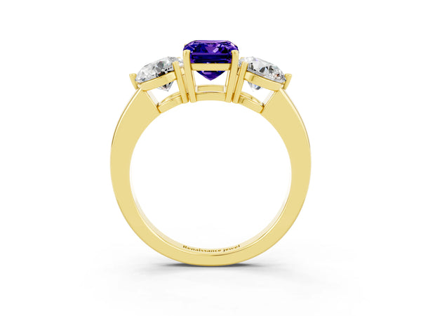 Yellow gold Emerald Cut Tanzanite Three-Stone Ring with Prong Setting and Classic Band