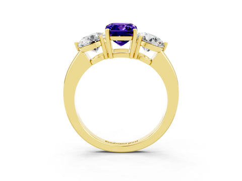Yellow gold Emerald Cut Tanzanite Three-Stone Ring with Prong Setting and Classic Band_3