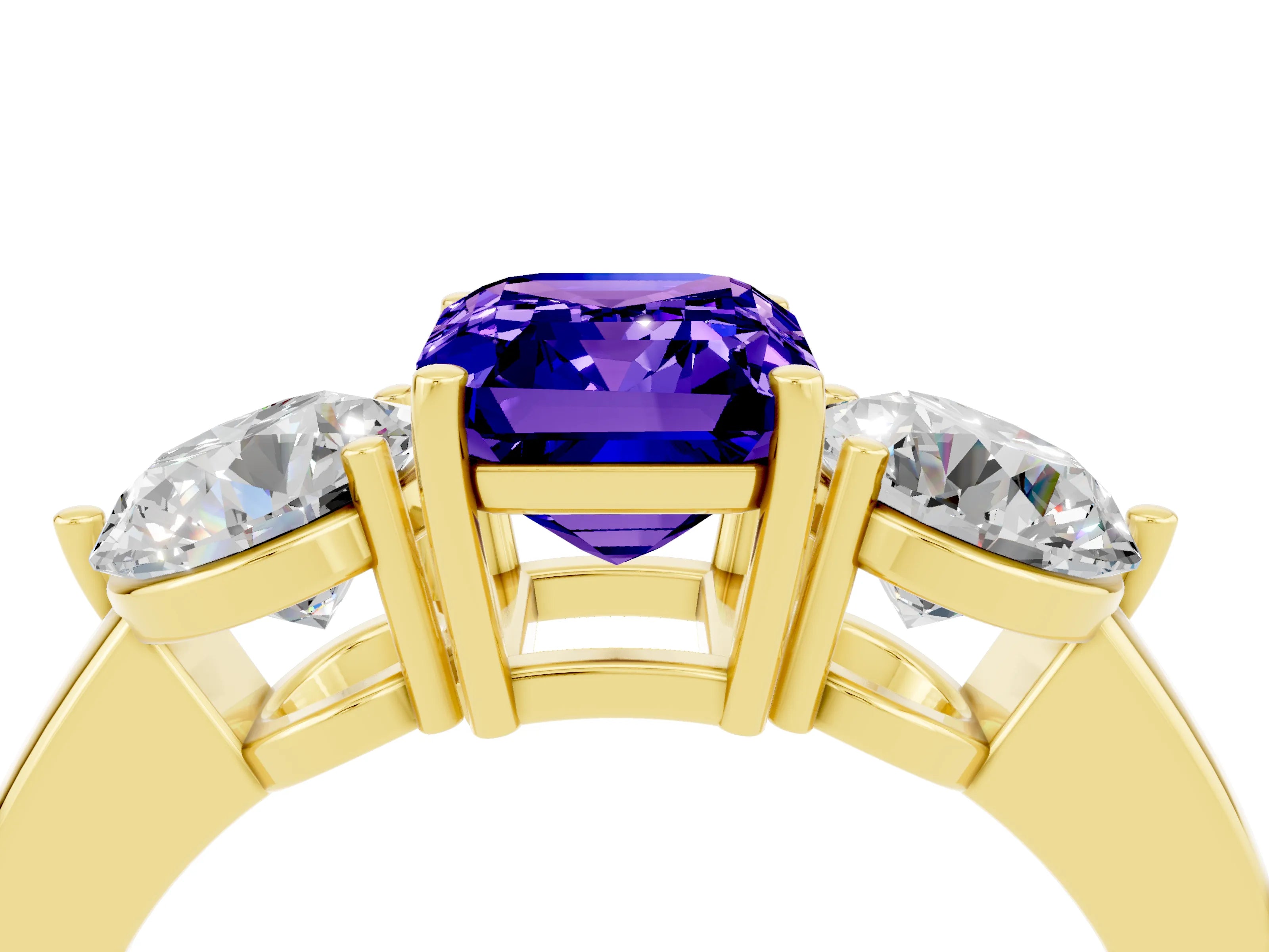 Yellow gold Emerald Cut Tanzanite Three-Stone Ring with Prong Setting and Classic Band_4