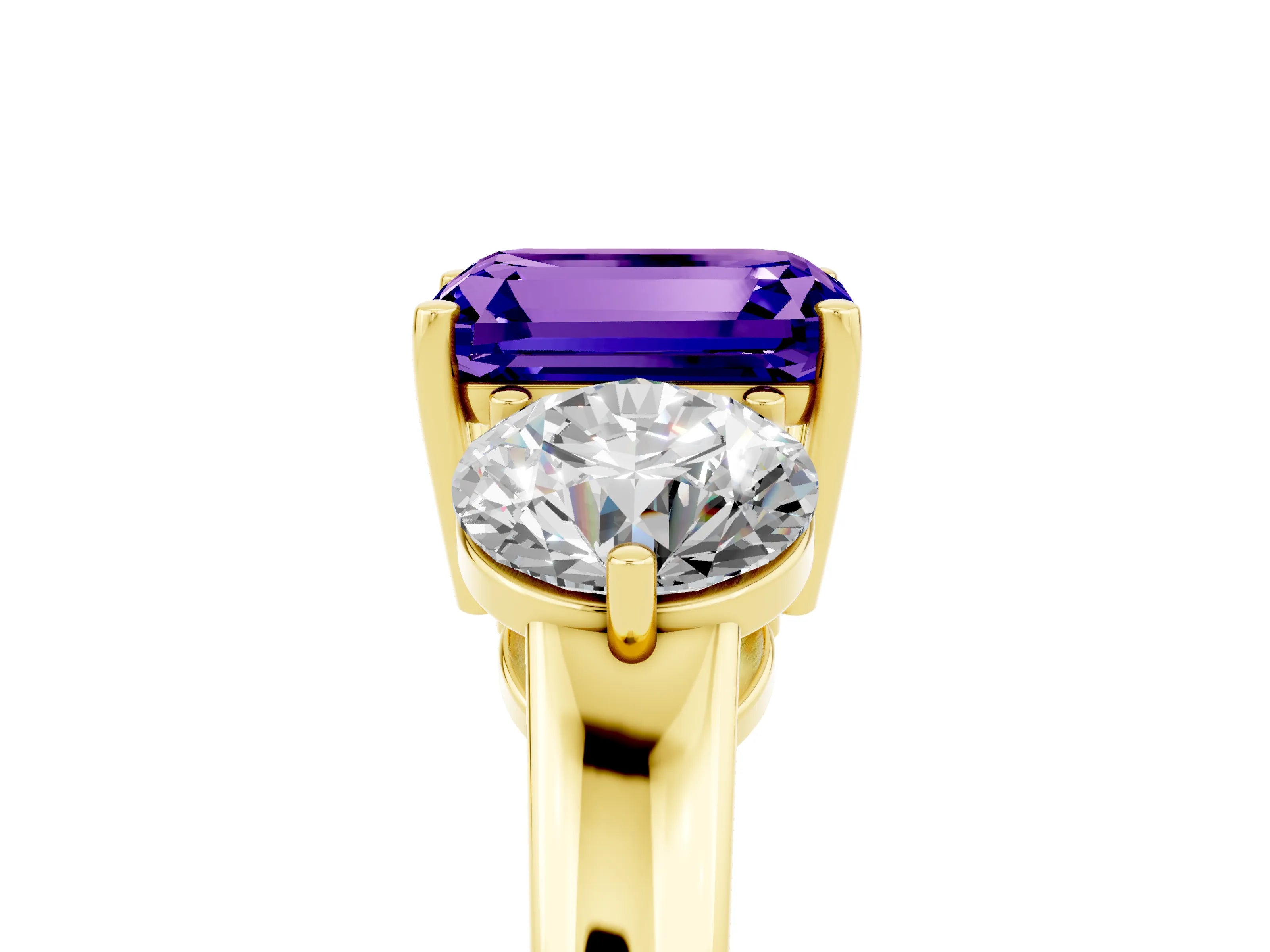 Yellow gold Emerald Cut Tanzanite Three-Stone Ring with Prong Setting and Classic Band_5