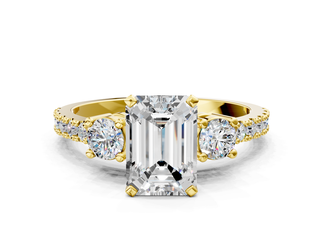 Yellow gold Emerald Cut Three-Stone Diamond Pavé Band with Prong Setting_23