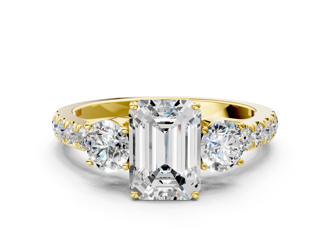 Yellow gold Emerald Cut Three-Stone Diamond Pave Band with Prong Setting_90