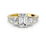 Yellow gold Emerald Cut Three-Stone Diamond Pave Band with Prong Setting_90