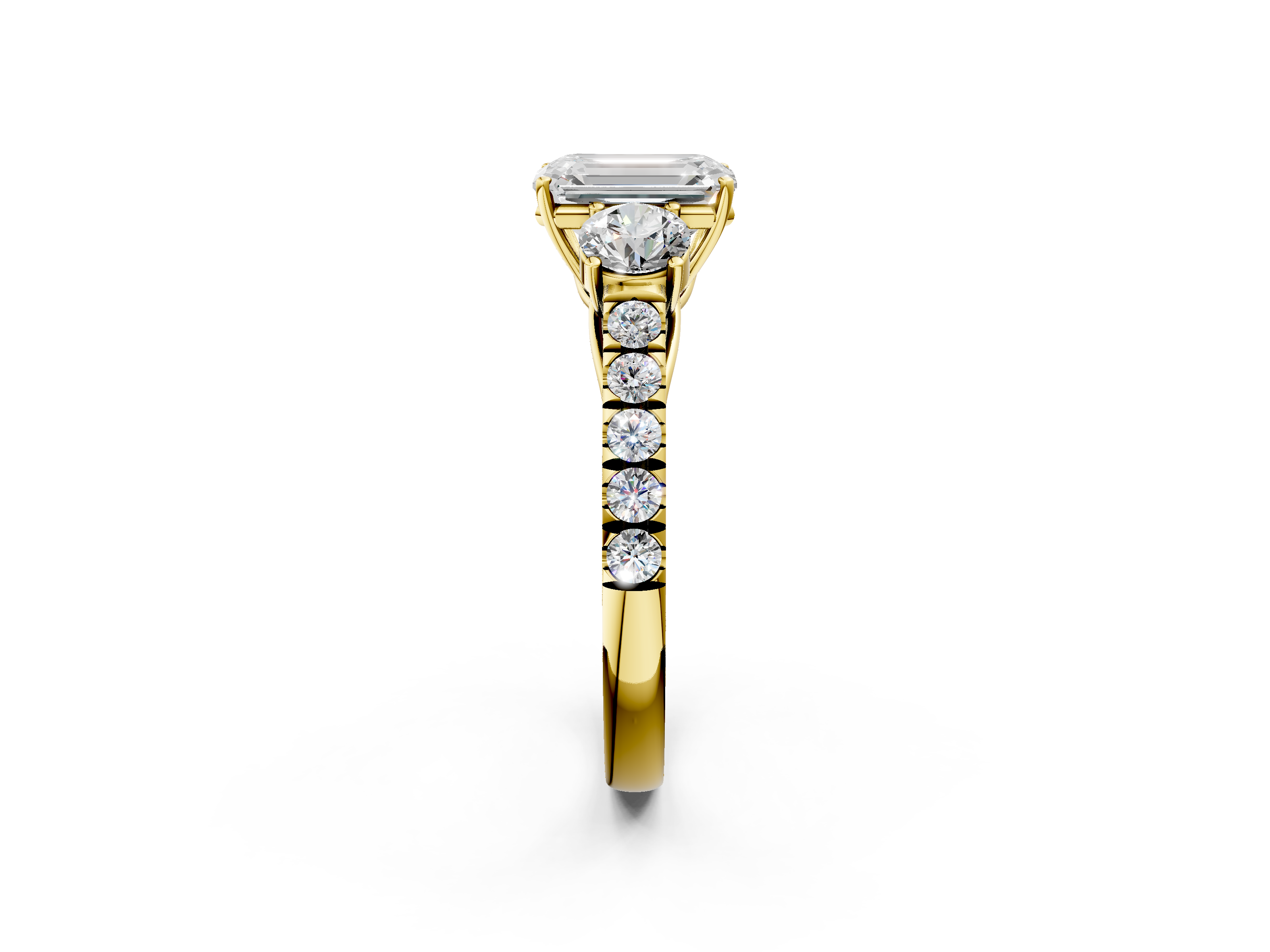 Yellow gold Emerald Cut Three-Stone Diamond Pave Band with Prong Setting_92