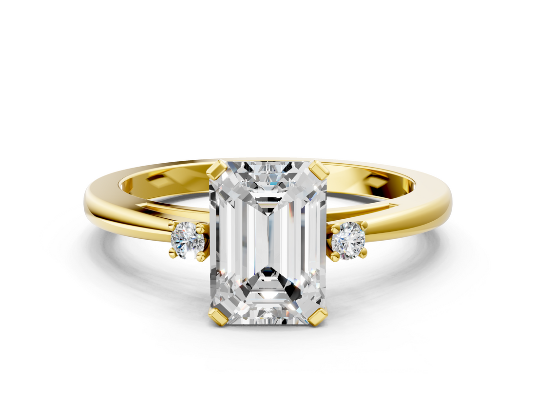 Yellow gold Emerald Cut Three-Stone Solitaire Ring with Round Accent Diamonds and Four-Prong Setting_32