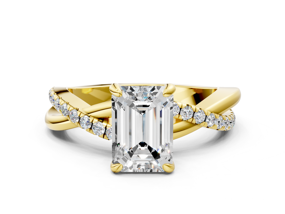 Yellow gold Emerald Cut Twist Band Solitaire Diamond Ring with Pavé Setting_15