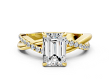 Yellow gold Emerald Cut Twist Band Solitaire Diamond Ring with Pavé Setting_15