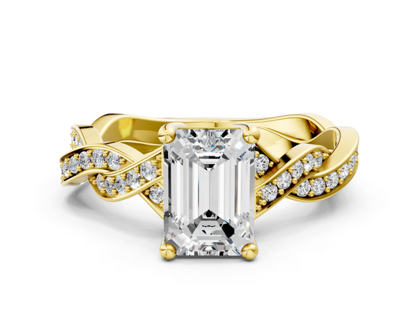 Yellow gold Emerald Cut Twisted Pavé Band Solitaire Ring with Four-Prong Setting