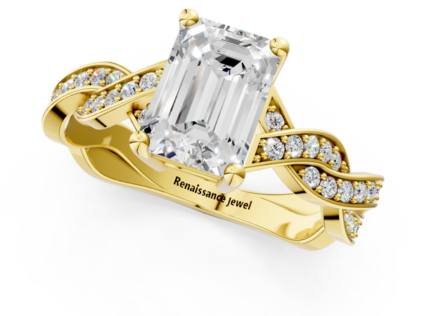 Yellow gold Emerald Cut Twisted Pavé Band Solitaire Ring with Four-Prong Setting