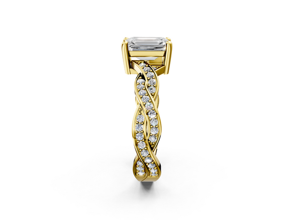 Yellow gold Emerald Cut Twisted Pavé Band Solitaire Ring with Four-Prong Setting