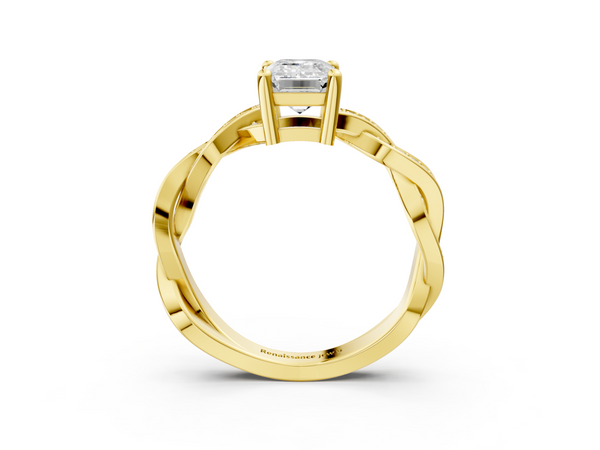 Yellow gold Emerald Cut Twisted Pavé Band Solitaire Ring with Four-Prong Setting