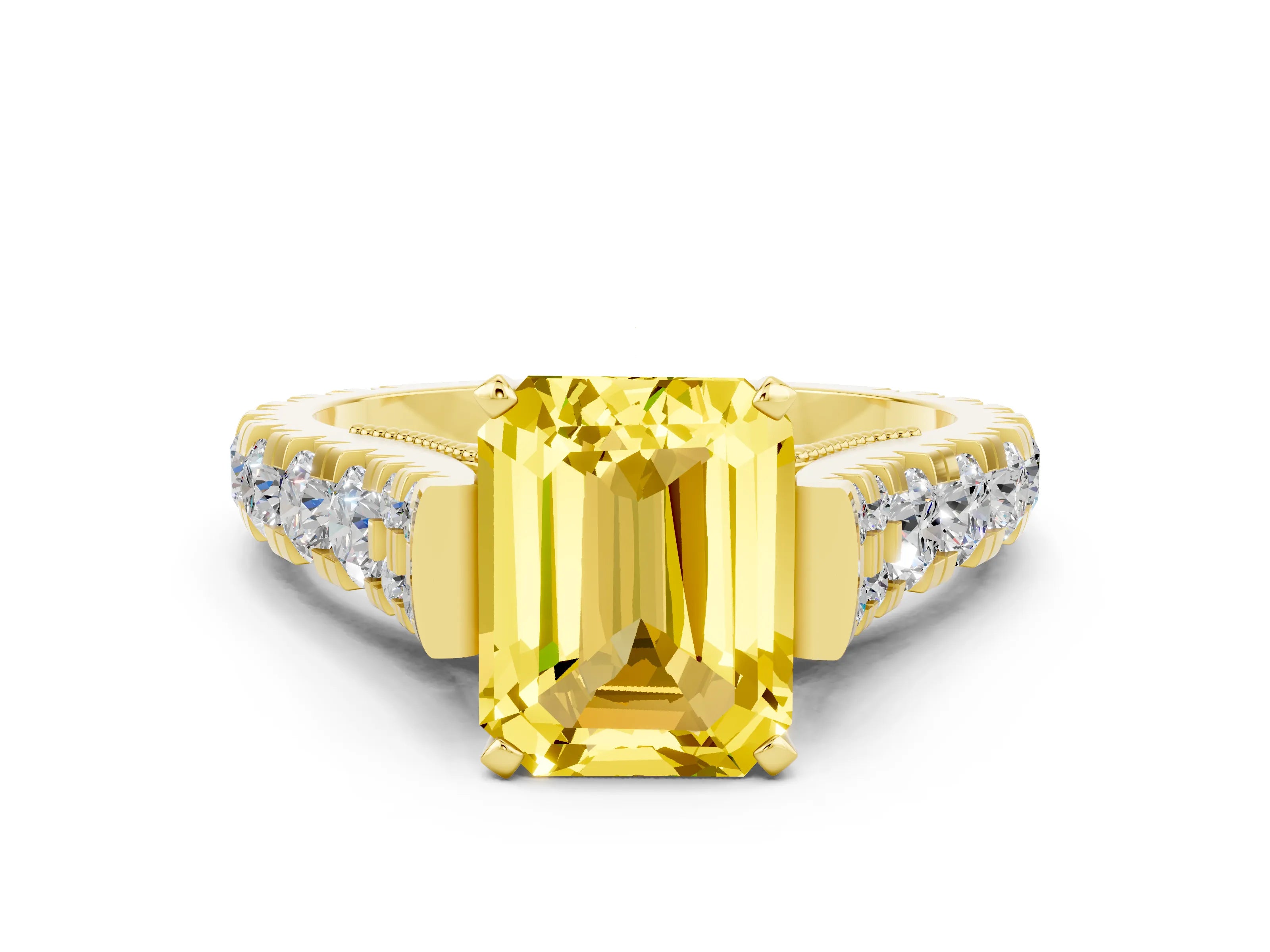 Yellow gold Emerald Cut Yellow Sapphire Classic Solitaire Ring with Pavé Band and Four-Prong Setting_12